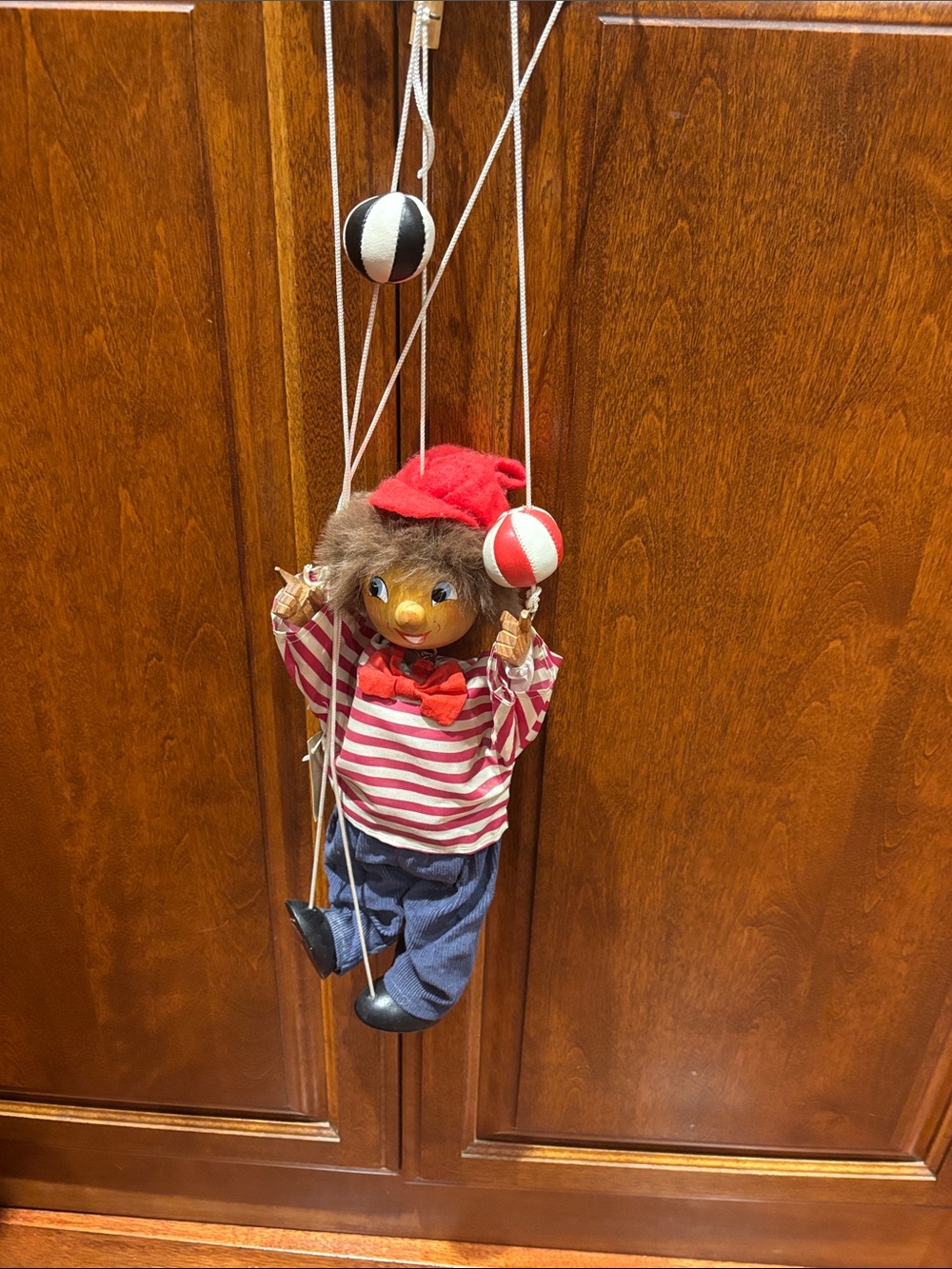 Striped Red-Cloth Marionette Puppet with Blue Pants and Red Hat